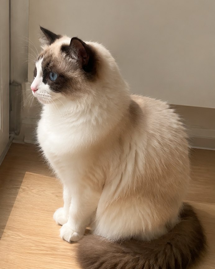 AI-generated demo pet Mochi, a ragdoll cat sitting by a sunlit glass door