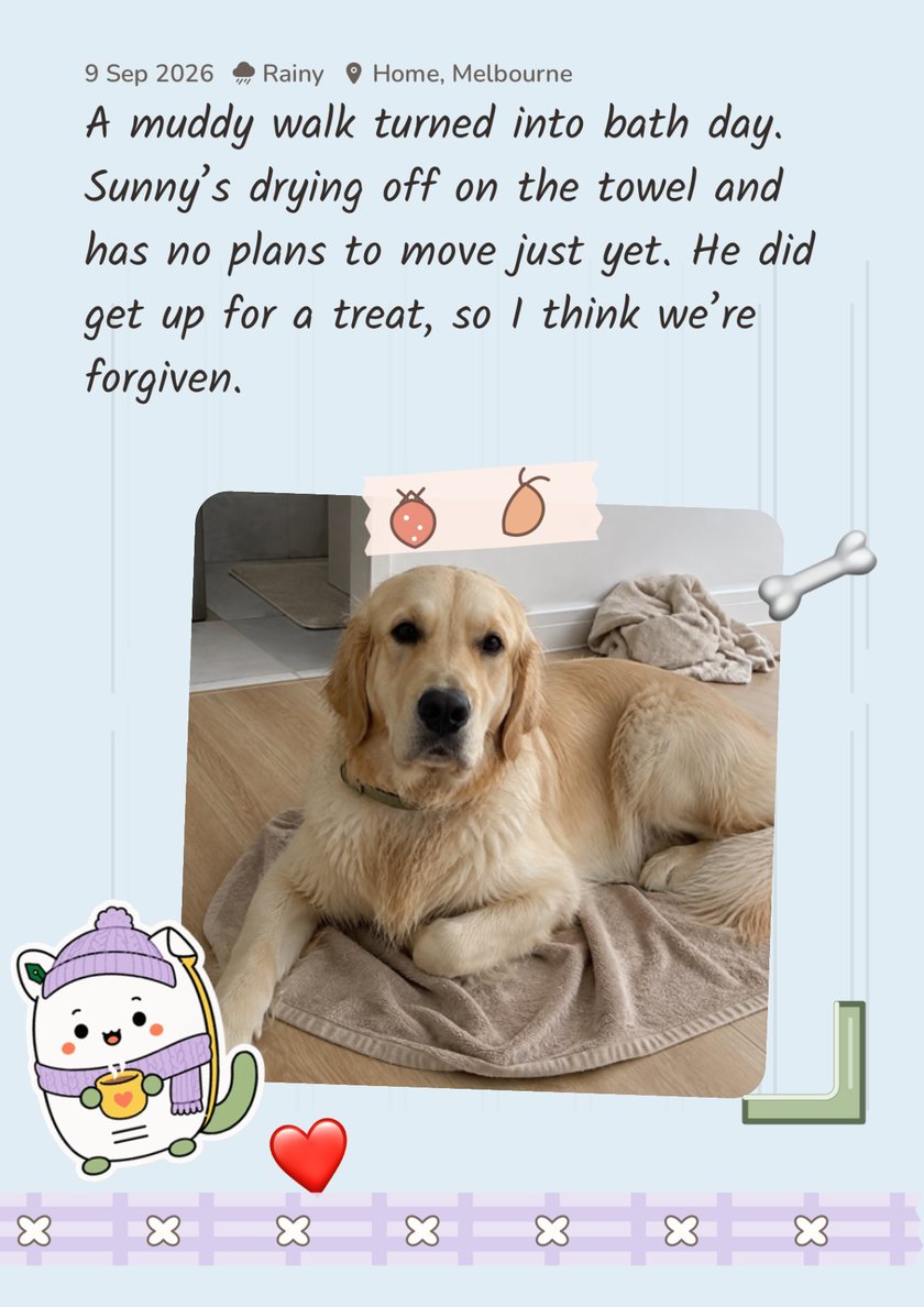 Furday scrapbook page: Sunny lying on a towel after a bath, with a diary entry about bath day